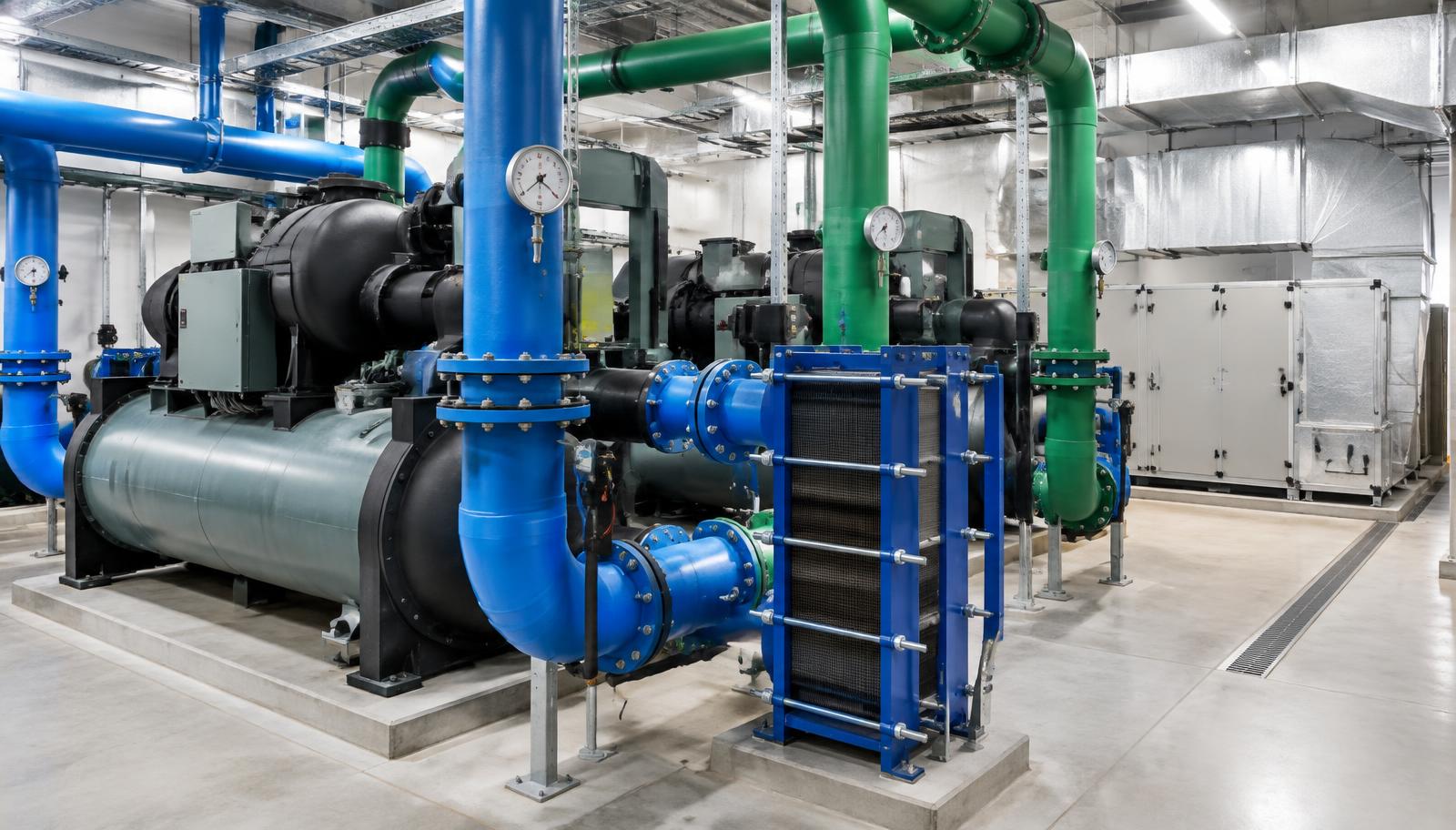 Chilled water plant room with chillers, plate heat exchanger and air handling unit