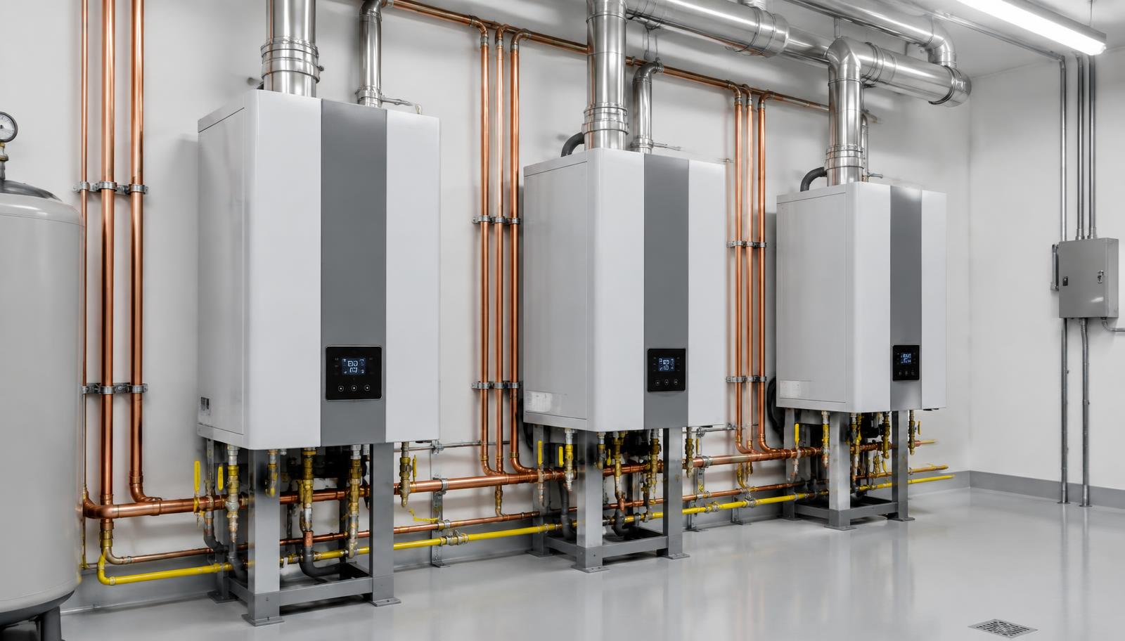 Gas-fired condensing tankless water heaters in a plant room
