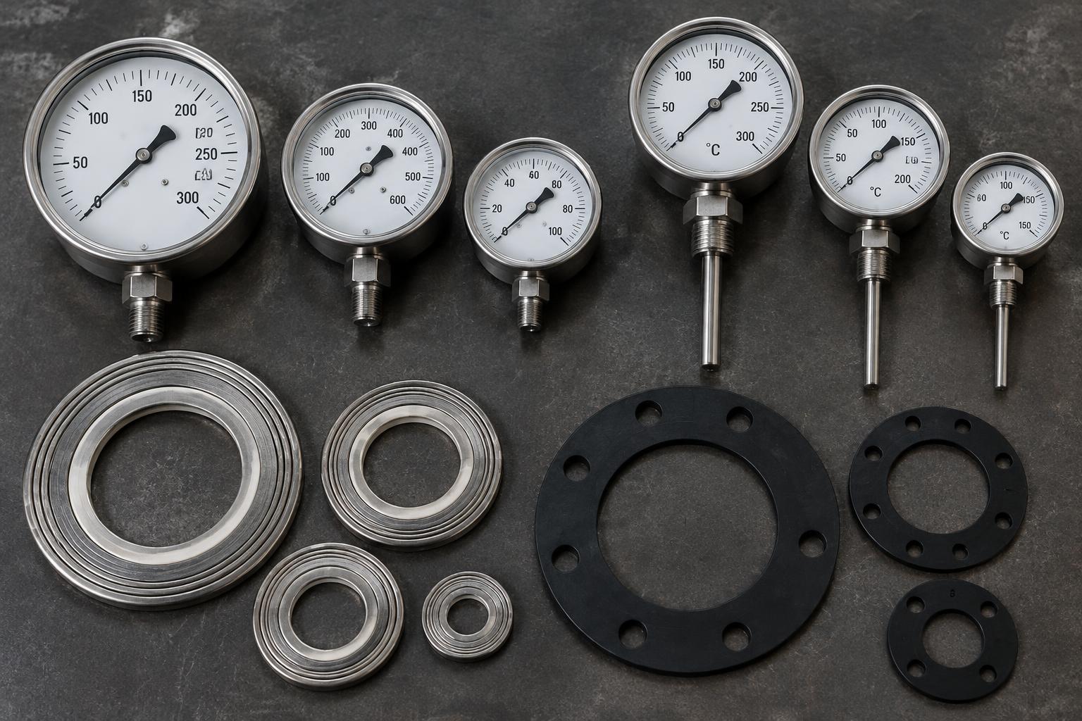 Pressure gauges, temperature gauges, steam gaskets and rubber gaskets