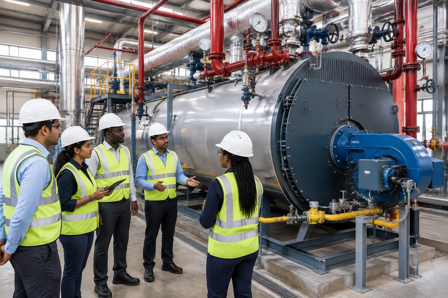 Indian and African engineers inspecting a Forbes Marshall steam boiler installation